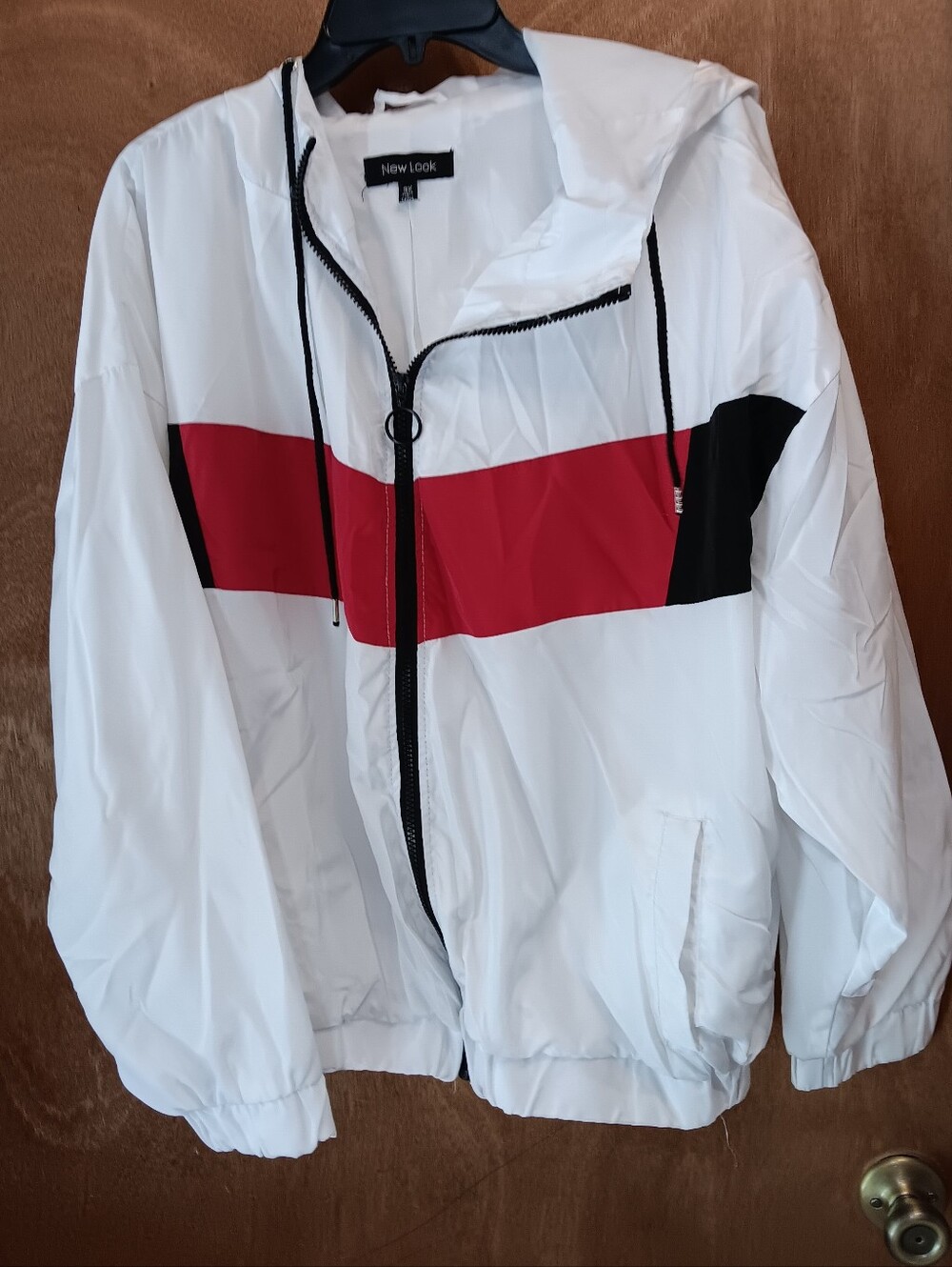 New Look White Hooded Windbreaker with Red and Black Chest Stripe
